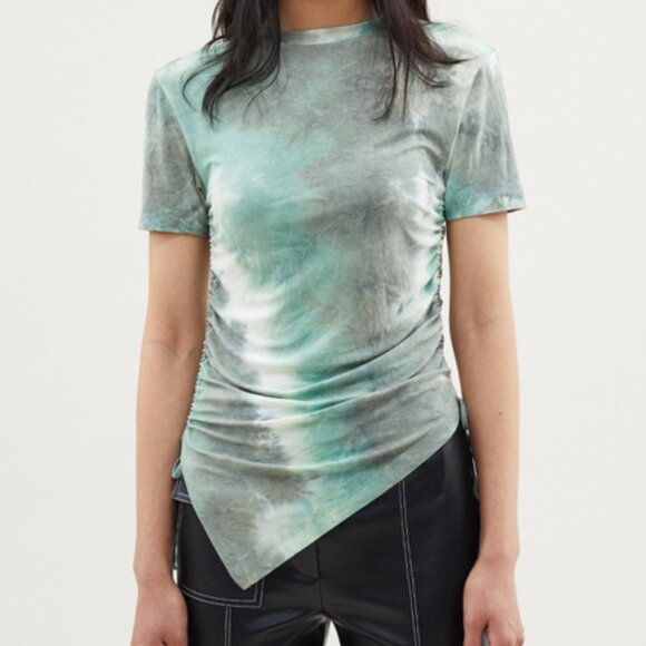 Cindy Asymmetric Ruched T-Shirt in Green Tie Dyle - Picture 1 of 4